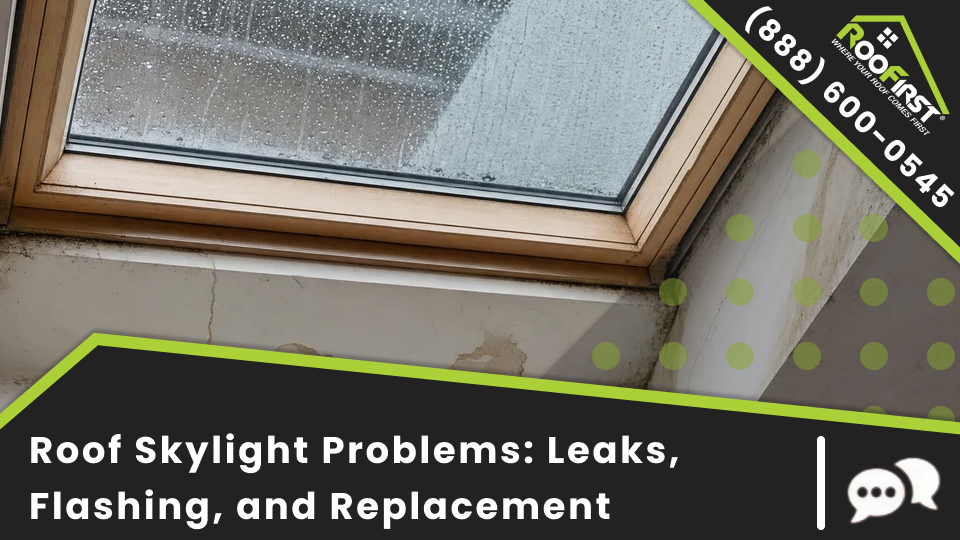 Roof skylight problems including a leaking skylight, damaged skylight flashing, and skylight replacement repair.
